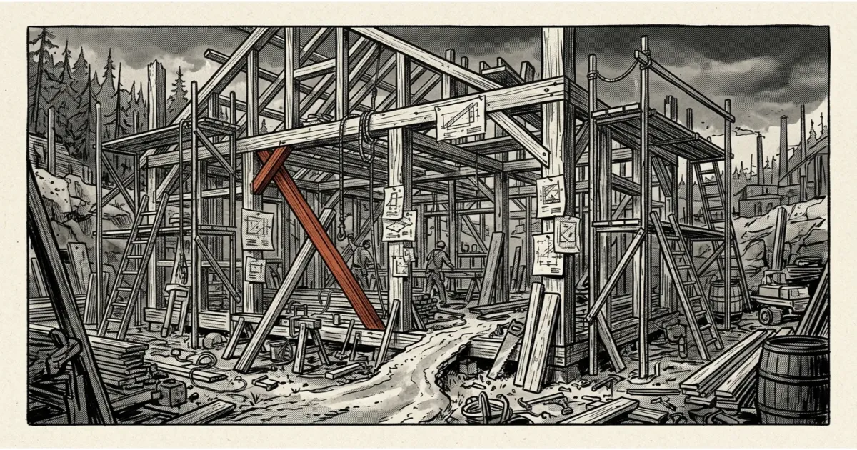 a half-built wooden workshop with exposed scaffolding and blueprints pinned to the beams, one red support beam